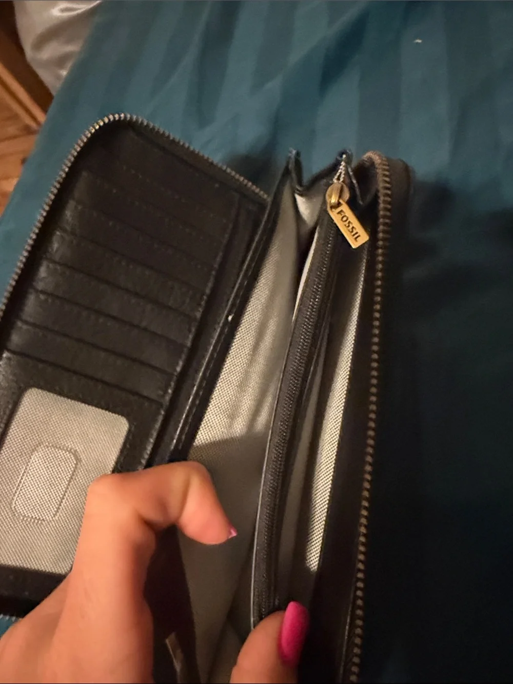 Fossil Black Leather Zip Wallet with Gold Accent Plate